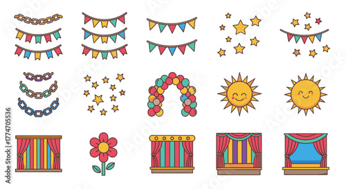 Cartoon set of party elements like flags, stars, balloons, sun and curtains for festive decorations.