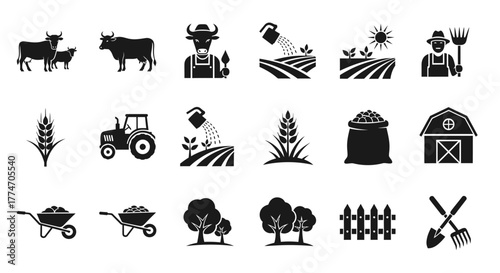 A collection of farming icons represents agricultural activities and elements in a simple black.