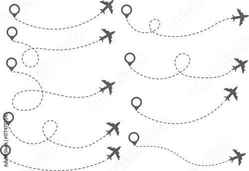 Airplane Route and Flight Path Icon Set. Travel Logistics and Destination Tracking Symbols. Journey Planning symbol. airplane flight route dotted line