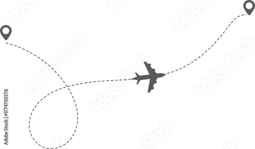 Airplane Route and Flight Path Icon Set. Travel Logistics and Destination Tracking Symbols. Journey Planning symbol. airplane flight route dotted line