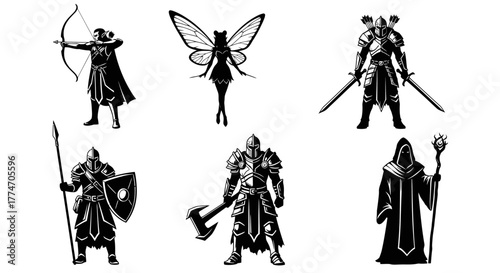 A collection of fantasy characters including a fairy, archer, knight, spearman, swordsman, and.