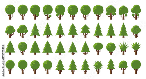 Collection of various pixelated trees, including round and triangular shapes, on a white backdrop.