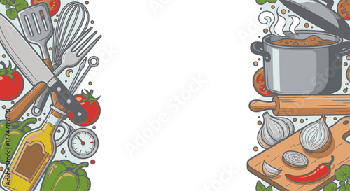 Various cooking utensils and ingredients are arranged on both sides of a blank space.