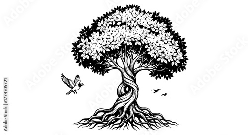 A detailed monochrome drawing shows a tree with a twisted trunk and birds flying nearby, creating a.