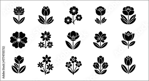 Collection of stylized flower icons showing various bloom shapes and leaf arrangements in black and.