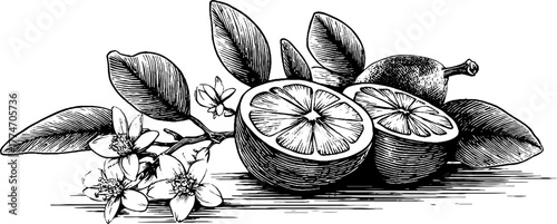 Vintage citrus still life with sliced lemon and leaves illustration for design
