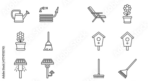 A collection of outline icons representing various gardening and outdoor leisure activities and.