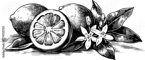 Vintage citrus still life with sliced lemon and leaves in hand drawn engraving style for design
