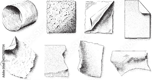 Black and white ink drawings of torn paper scraps and a rolled paper tube ripped sheet