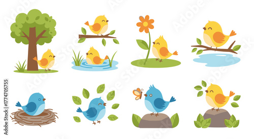 Collection of cute cartoon birds in various poses and settings, perfect for children's stories or.