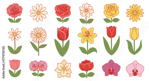 A colorful assortment of flower icons including roses, daisies, tulips, and orchids are arranged on.
