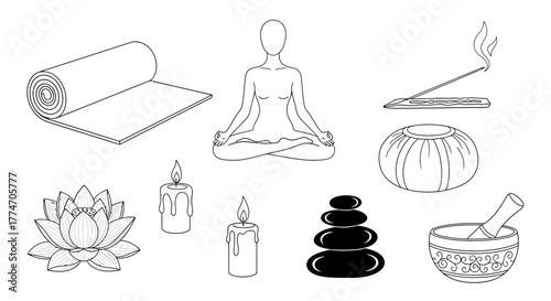 Outline illustration of yoga practice items like mat, candles, incense, lotus, stones, and singing.