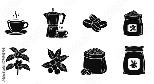 Various coffee elements are depicted, including cups, beans, and a moka pot.