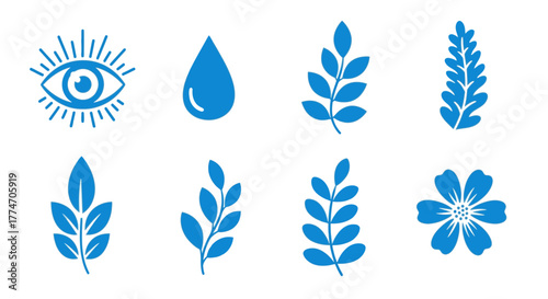 Collection of blue botanical and spiritual elements like leaves, flowers, eye, and water drop on a.