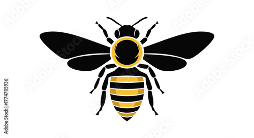 A black and yellow bee illustration with wings spread on a white surface, showcasing its distinct.
