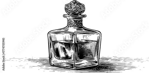 Vintage crystal decanter with ornate stopper hand drawn engraving for retro design