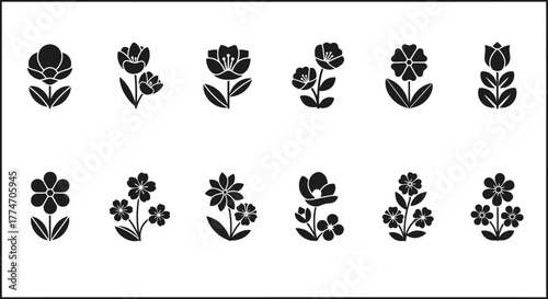 A collection of simple black floral icons are displayed in a grid formation against a white.