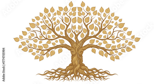 A stylized golden tree with a broad canopy and visible roots symbolizes growth and.