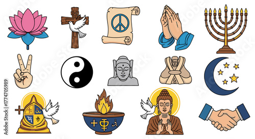 Assorted religious symbols representing diverse faiths and spiritual beliefs are depicted in a.