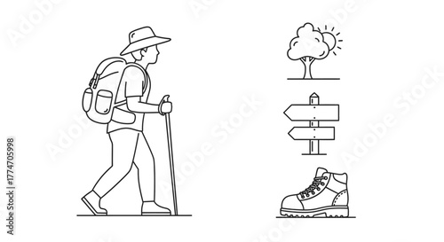 A hiker with a backpack and trekking poles is depicted with a tree, sign post, and hiking boot in a.