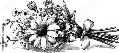 Vintage botanical bouquet of dried flowers with ribbon for retro design