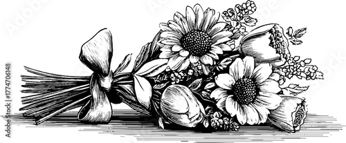 Vintage botanical sketch of a dried flower bouquet with ribbon for card design