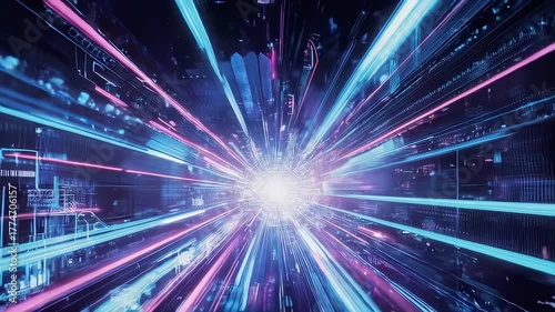 A neon-lit futuristic tunnel with vibrant blue, purple, and pink light trails converging towards a bright core