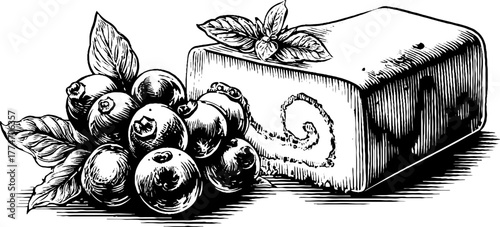 Elegant dessert composition with cake slice and berries - vintage engraving for design