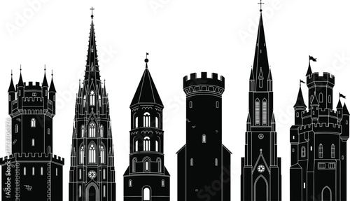 Medieval tower silhouettes, gothic spires, castle turrets, historic architecture vector, fantasy buildings, black clipart, European style, fortress icons