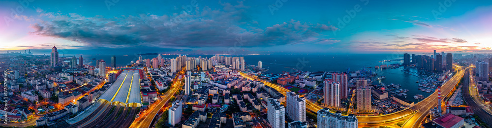 Fototapeta premium Urban Environment of Qingdao Railway Station and Jiaoning Elevated Road, China