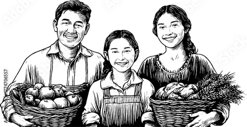 Vintage family harvest celebration with baskets of fresh produce - engraved design for cards or posters