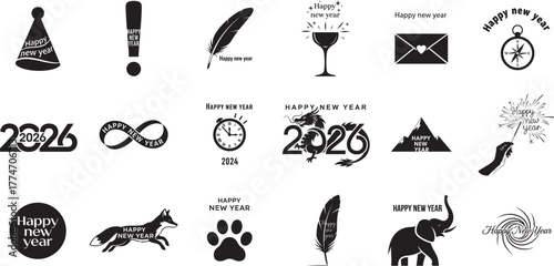 A collection of happy new year, new year, design, black, white,  themed black and white designs