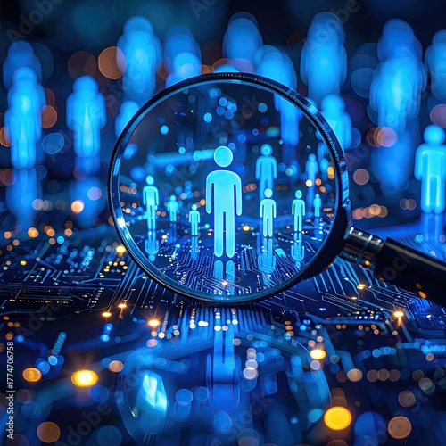Digital magnifying glass analyzing human figures on futuristic circuit board technology.