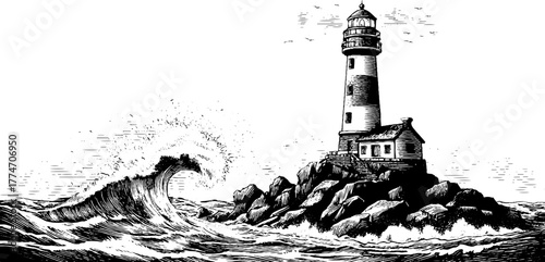 Lighthouse on rocky cliff with breaking waves - vintage hand-drawn engraving for nautical design