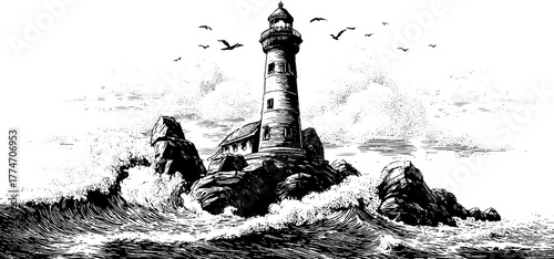 Majestic lighthouse on rocky cliff amidst crashing waves