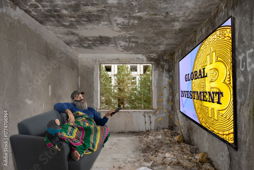 Bearded man lying on couch in abandoned room watching financial news on large TV on wall
