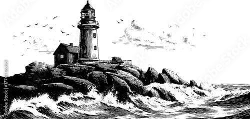 Vintage lighthouse on rocky cliff with dramatic waves and sea birds