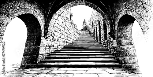 Vintage architectural sketch of long stone staircase framed by arches