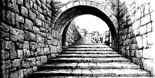 Vintage engraving of stone staircase framde by arches with perspective for architecture design