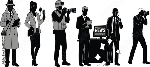 Journalist silhouette icons, media professionals vector, news reporter illustration, photojournalist design, press concept art, black and white journalism set