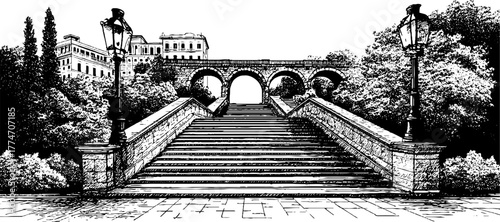 Elegant vintage engraving of stone staircase framed by arches