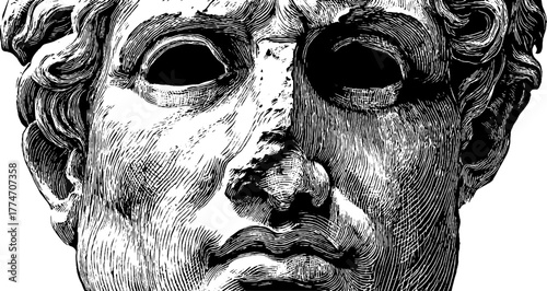 Classical marble bust engraving with worn features and missing eyes for artistic design