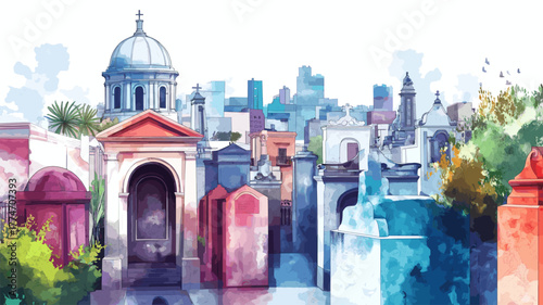 Recoleta Cemetery. Recoleta Cemetery hand drawn watercolor illustration