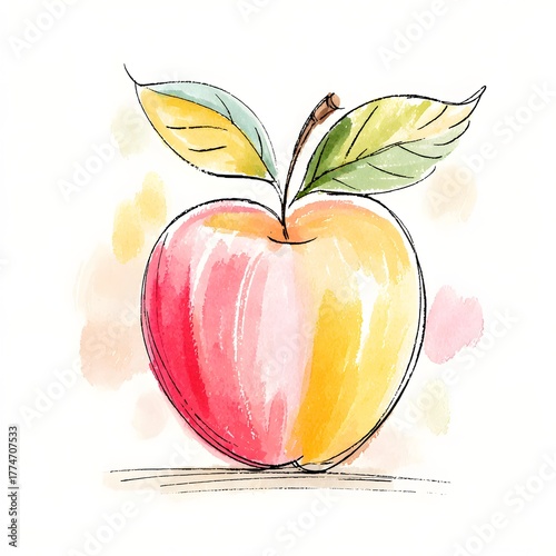 Hand-drawn watercolor apple with two leaves and a stem on white background