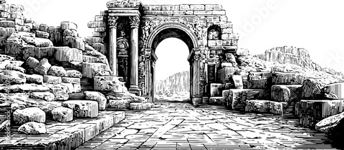 Ancient city gate ruins with broken walls - historical landmark artwork