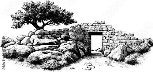 Ancient city gate ruins with broken walls and tree silhouette for historical design