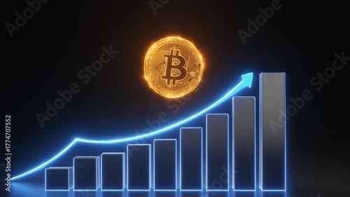 Golden Bitcoin Cryptocurrency Coin Rising on Blue Neon Graph with Upward Arrow on Dark Background digital currency