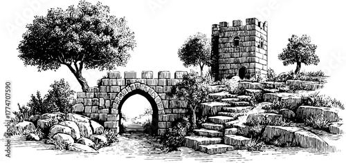 Historical ruins of ancient city gate with broken walls and steps - vintage engraving for historical design