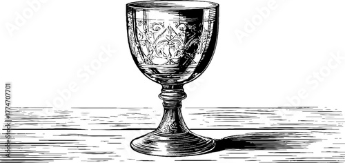 Ornate vintage goblet engraving with reflections for retro design projects