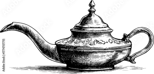 Vintage ornate metal teapot with curved spout and elaborate handle design for retro decor